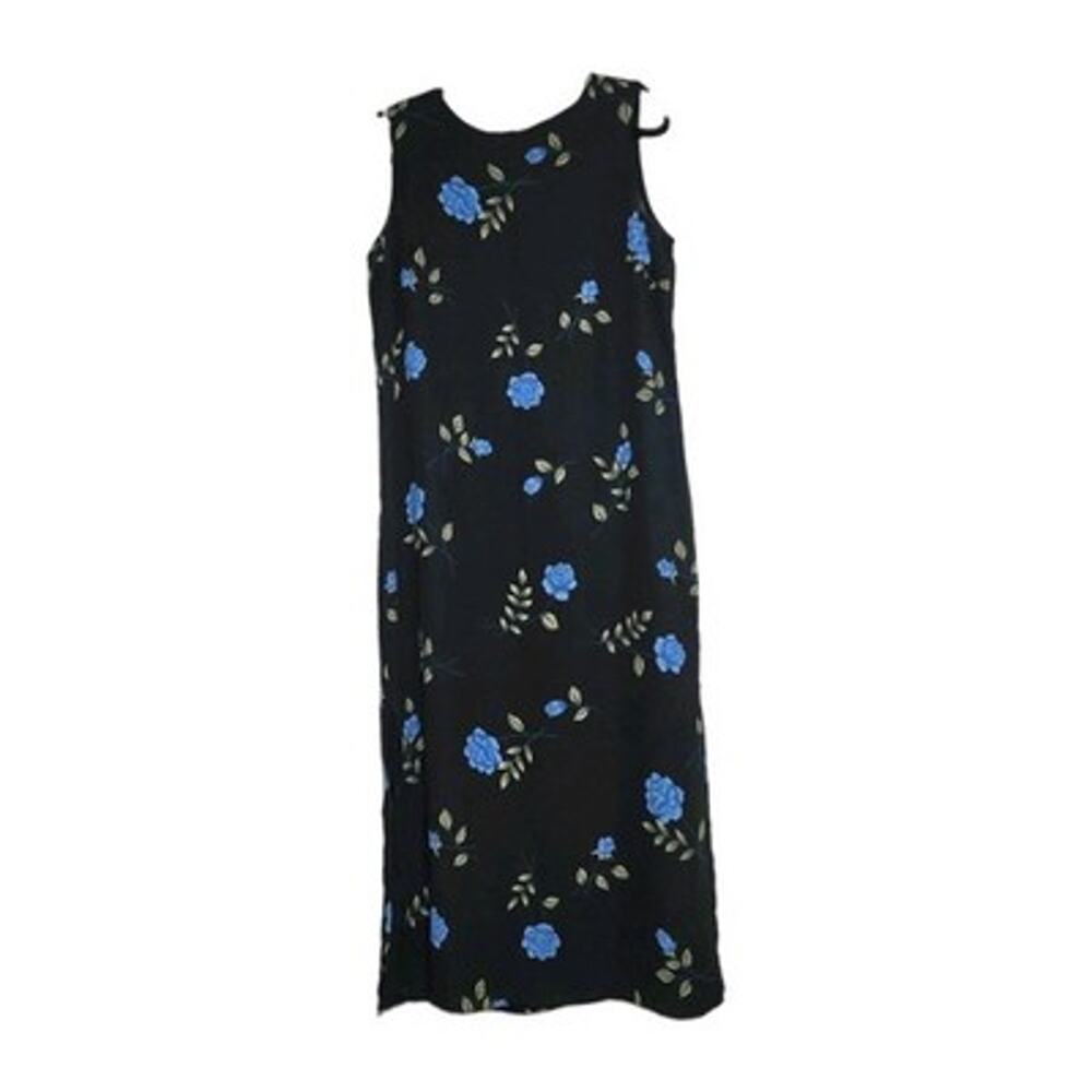 Vintage Cottagecore Floral Midi Dress Womens 14P Navy Blue 90s Teacher Modest